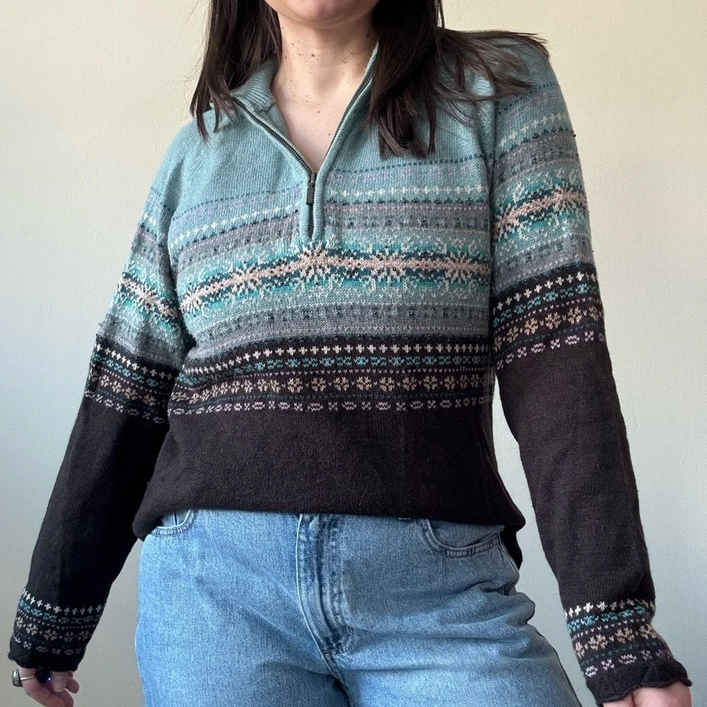 Y2K Eddie Bauer Knit Fair Isle Henley Sweater